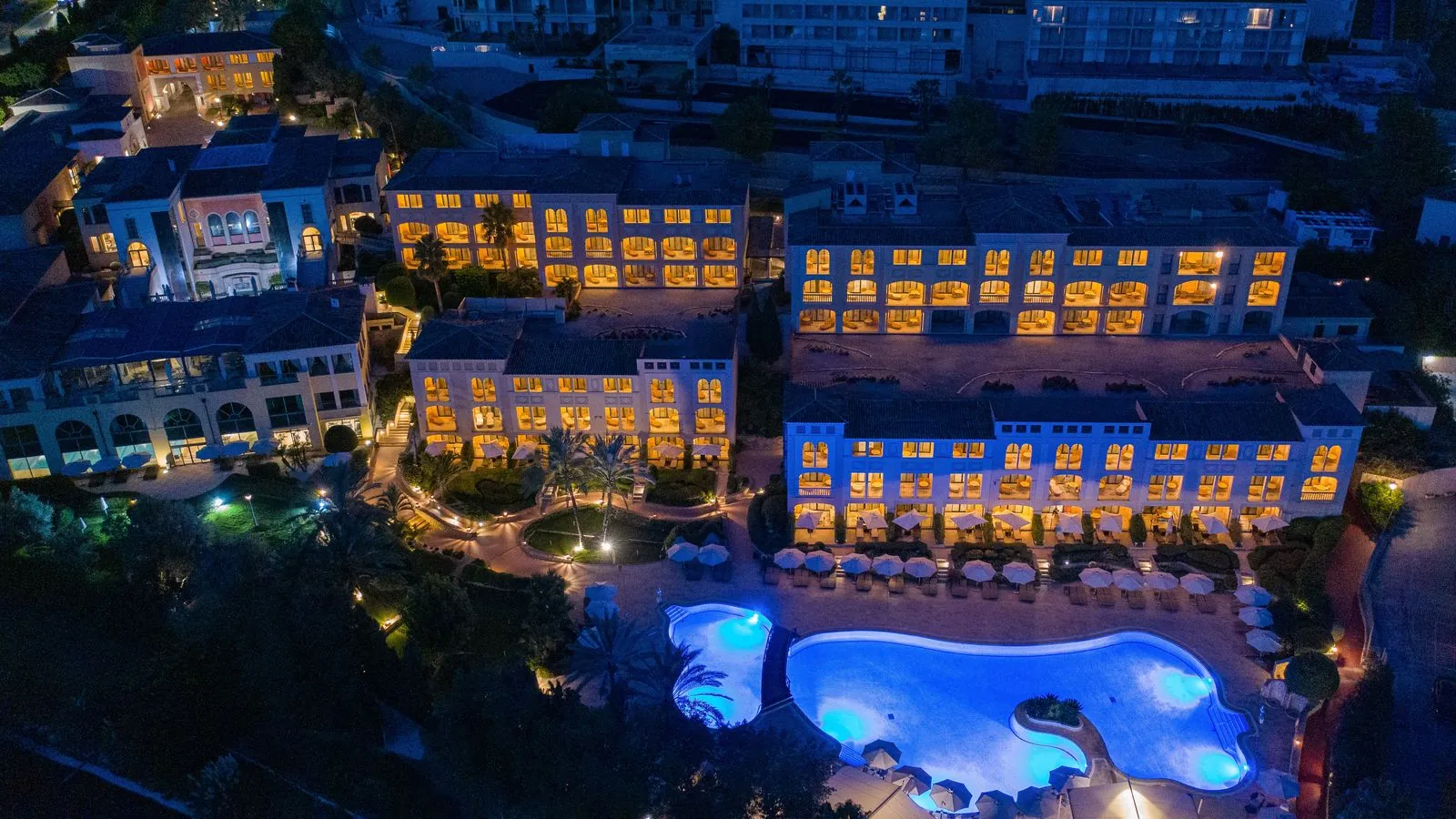 The resort at dusk, aerial drone shot