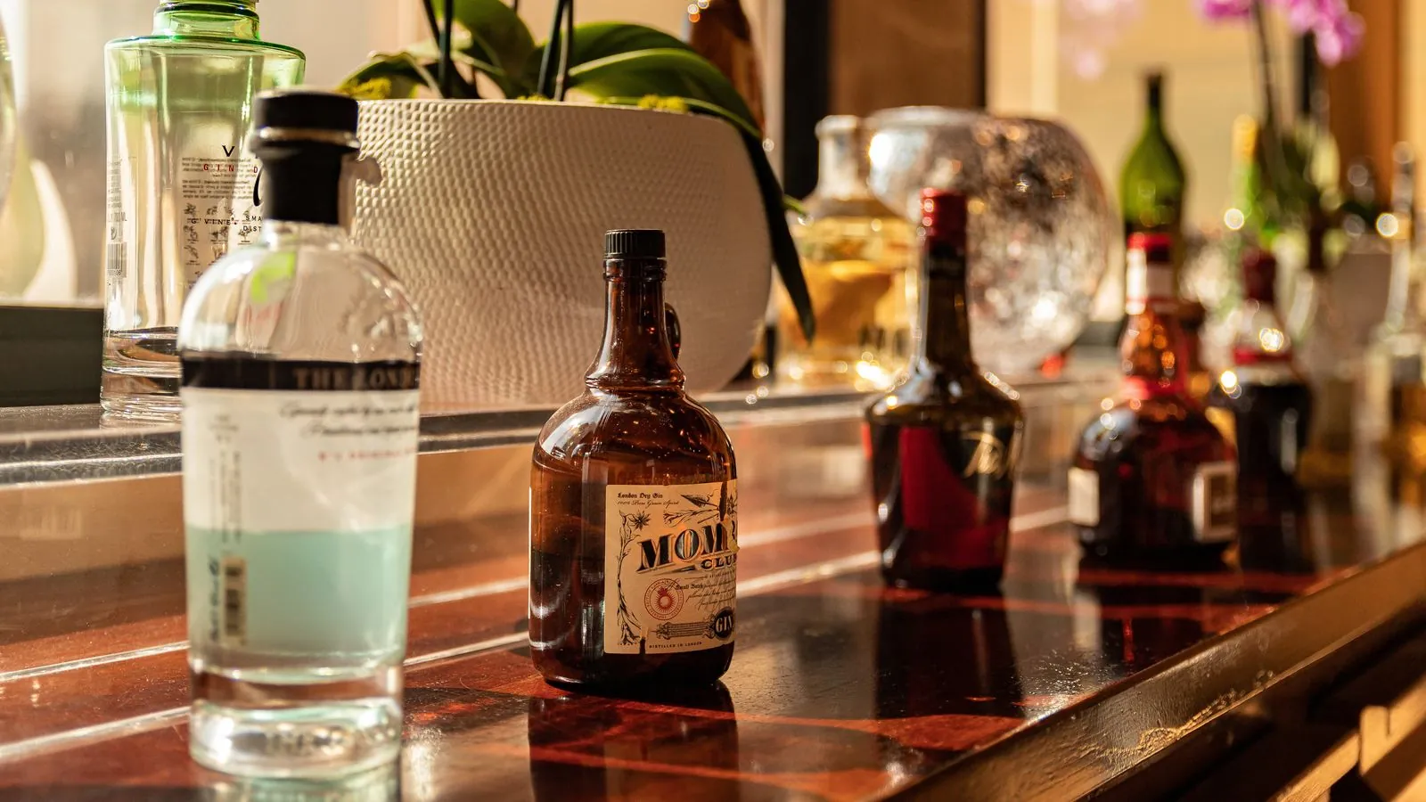 Hotel bar detail with spirits shelf