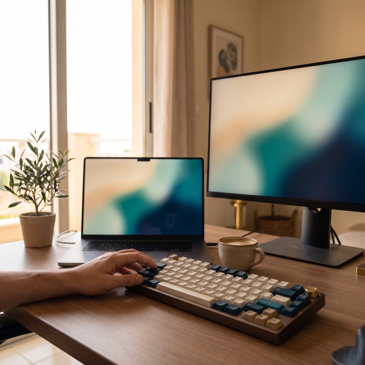 Developer desk in Cyprus with a laptop, external monitor and a teal mechanical keyboard by a bright window