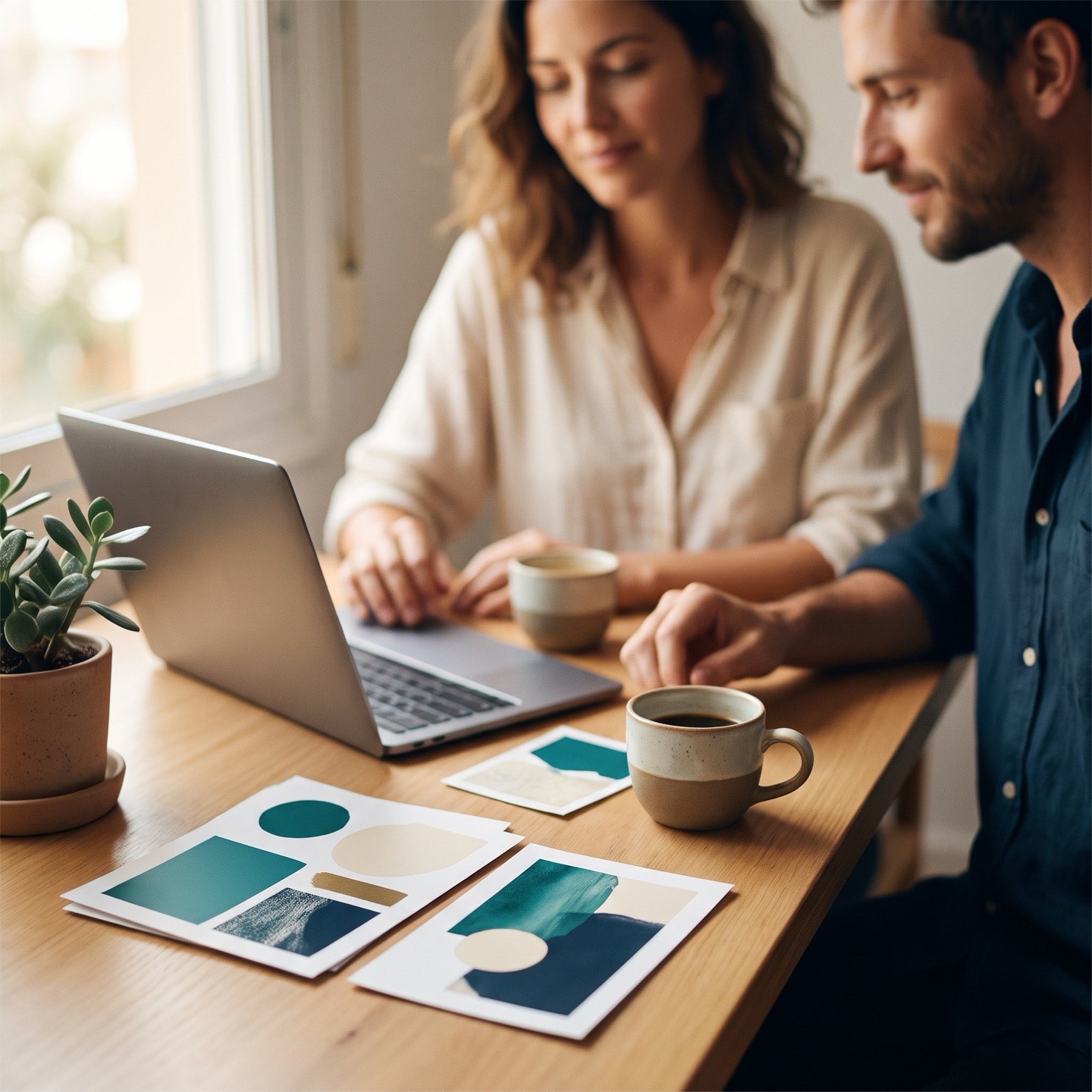 Two people collaborating over a laptop and colour mood-boards in a warm Cyprus studio