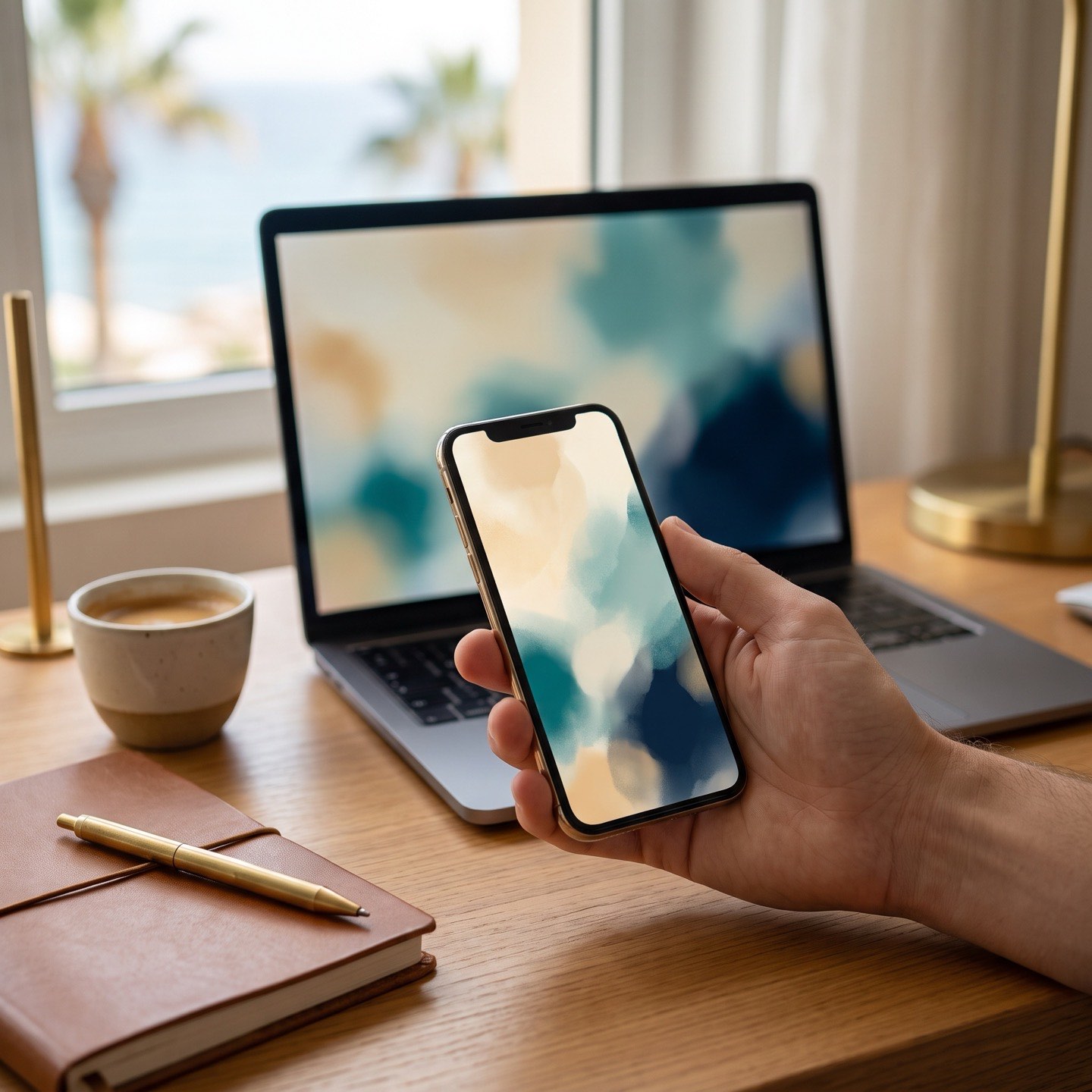 Hand holding a phone beside a laptop on a warm Cyprus desk with a sea view