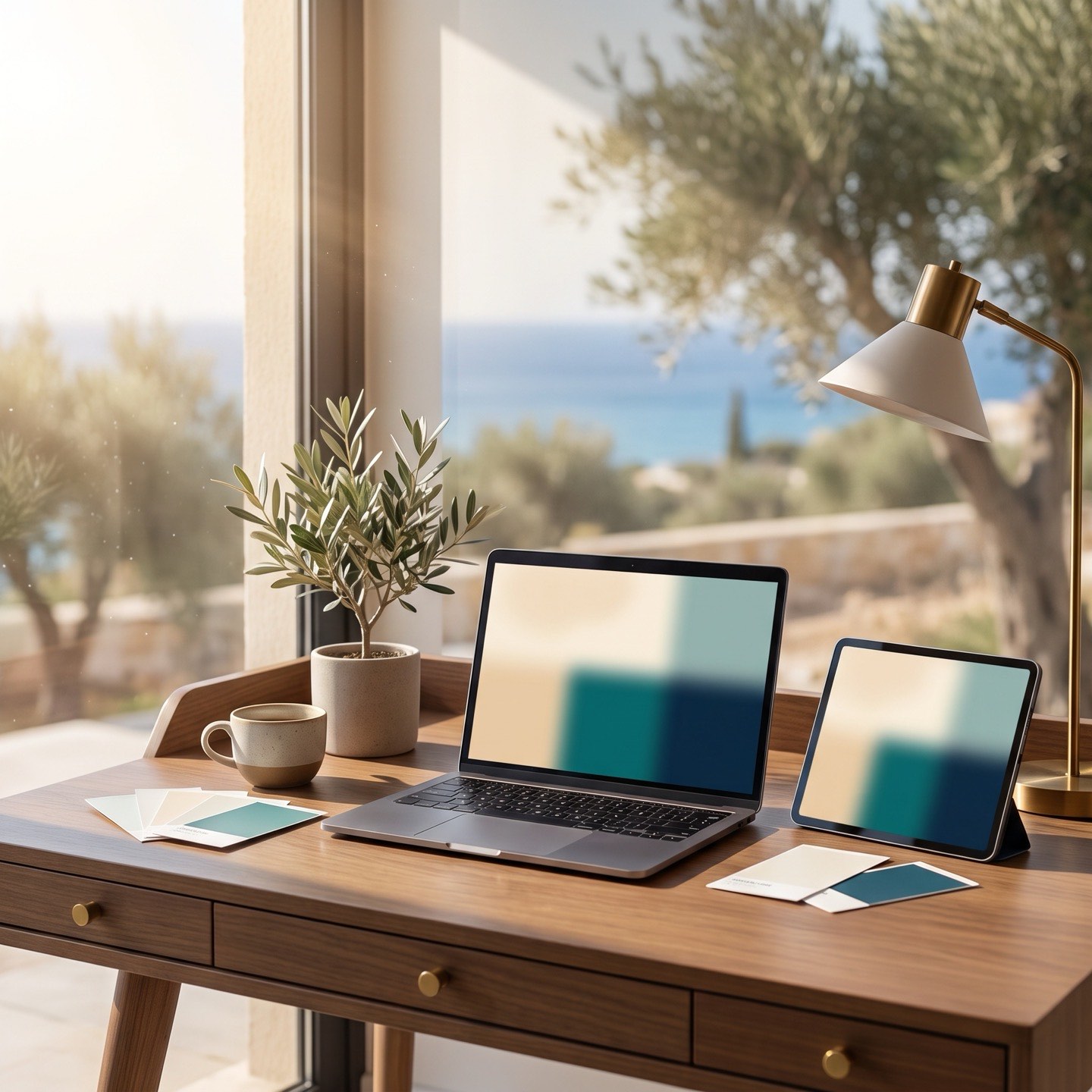 Sunlit designer desk in Cyprus with a laptop, tablet and colour swatches by a sea-view window